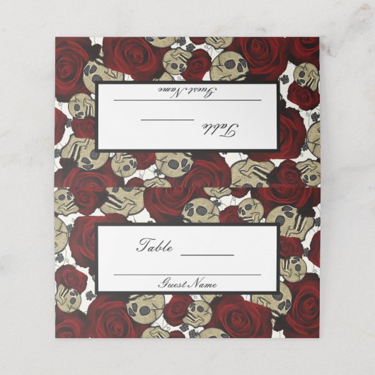 Rote Rosen & Skulls Schwarzer Blumengotik Weißer T Platzkarte (Außenseite Aufgefaltet)