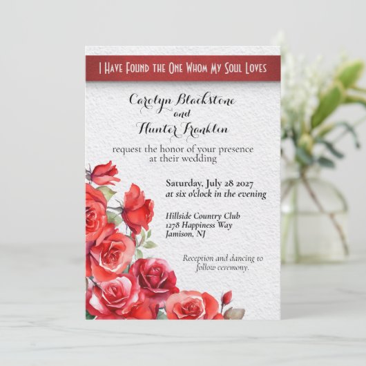 Rote Rosen Song von Solomon Hochzeit Einladung (Stehend Vorderseite)