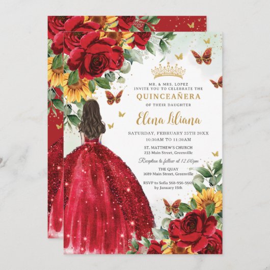 Rote Rosen Sonnenblumen Blumenstrauß Quinceñera Sü Einladung (Vorne/Hinten)