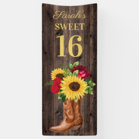 Rote Rosen Sonnenblumen Cowboy Boots Sweet 16 Bann Banner (Vertikal)