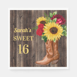 Rote Rosen Sonnenblumen Cowboystiefel Sweet 16 Serviette