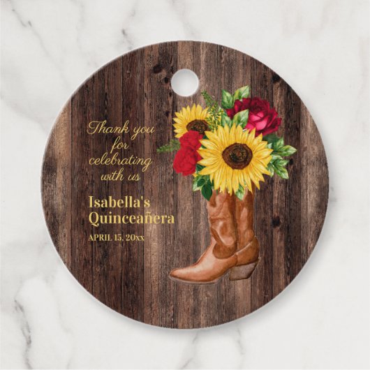 Rote Rosen Sonnenblumen Cowgirl Boots Quinceanera Geschenkanhänger (Vorderseite)