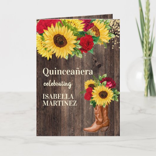 Rote Rosen Sonnenblumen Cowgirl Boots Quinceanera Karte (Vorderseite)