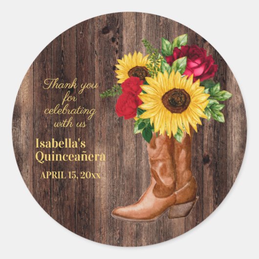 Rote Rosen Sonnenblumen Cowgirl Boots Quinceanera Runder Aufkleber (Vorderseite)