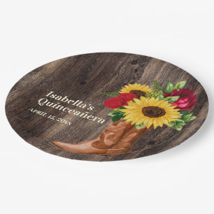 Rote Rosen Sonnenblumen Cowgirl-Stiefel Quinceaner Pappteller