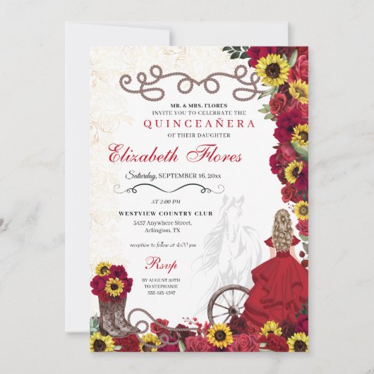 Rote Rosen Sonnenblumen Cowgirl Western Quinceaner Einladung (Vorderseite)