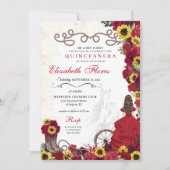 Rote Rosen Sonnenblumen Cowgirl Western Quinceaner Einladung (Vorderseite)