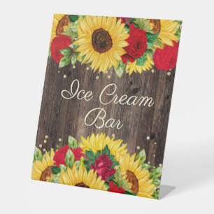 Rote Rosen Sonnenblumen Geburtstagsfeier Eiscreme- Sockelschild