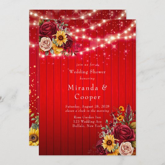 Rote Rosen Sonnenblumen Lichter Polterabend Einladung (Vorne/Hinten)