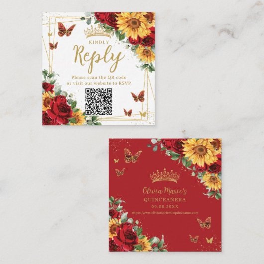 Rote Rosen Sonnenblumen Quinceanera UAWG QR Code Begleitkarte (Vorne/Hinten)