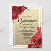 Rote Rosen Sparkkleid Glitzer Quinceanera Einladung (Vorderseite)