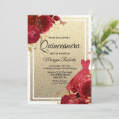 Rote Rosen Sparkkleid Glitzer Quinceanera Einladung (Stehend Vorderseite)