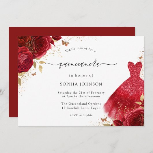 Rote Rosen Sparkkleid Gold Quinceanera Party Einladung (Vorne/Hinten)