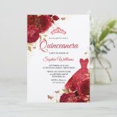 Rote Rosen Sparkkleid Shimmer Quinceanera Party Einladung (Stehend Vorderseite)