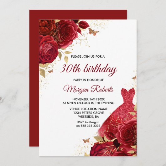 Rote Rosen Sparkle Dress 30. Geburtstag Party Einladung (Vorne/Hinten)
