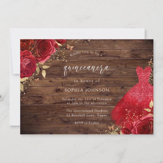 Rote Rosen Sparkleider Rustikales Quinceanera Part Einladung (Vorderseite)