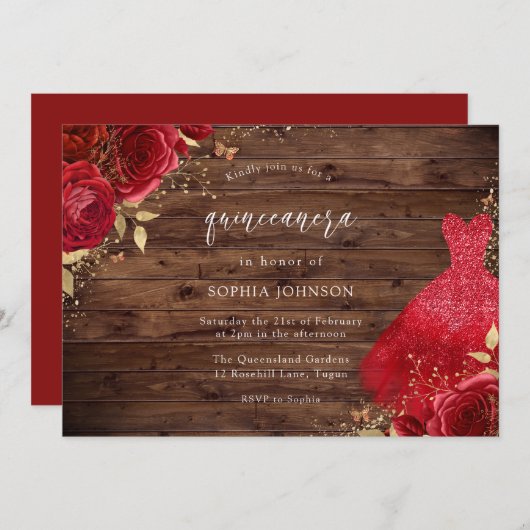 Rote Rosen Sparkleider Rustikales Quinceanera Part Einladung (Vorne/Hinten)