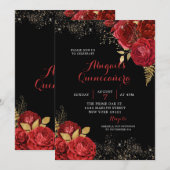 Rote Rosen Stiletto Floral Quinceañera Einladung (Vorne/Hinten)