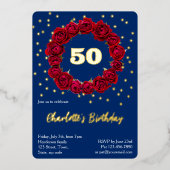 Rote Rosen tiefblauer Hintergrund mit Glitzer Ster Folieneinladung (Vorderseite)