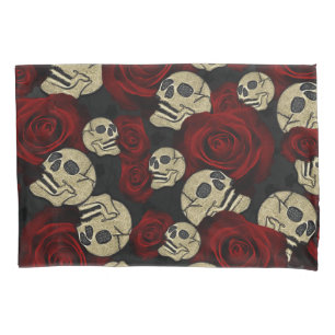 Rote Rosen & Totenköpfe Grau Schwarzes Florales Go Kissenbezug