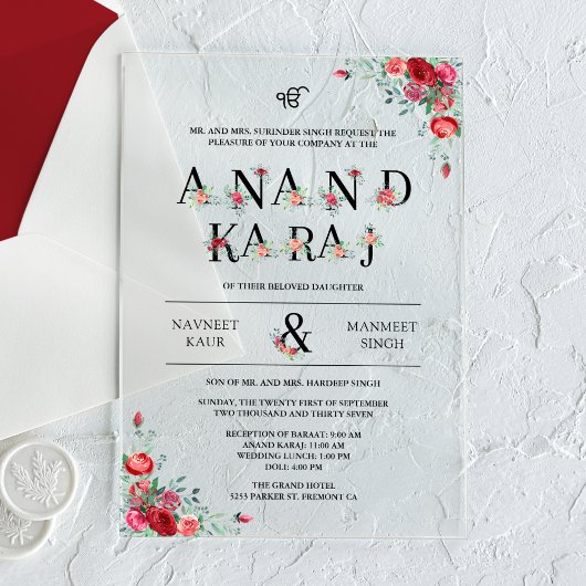 Rote Rosen Typografie Anand Karaj Sikh Wedding Acryleinladungen
