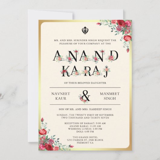 Rote Rosen Typografie Anand Karaj Sikh Wedding Einladung (Vorderseite)
