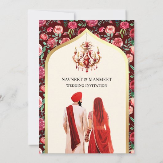 Rote Rosen Typografie Anand Karaj Sikh Wedding Einladung (Rückseite)