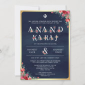 Rote Rosen Typografie Blue Anand Karaj Sikh Weddin Einladung (Vorderseite)