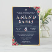 Rote Rosen Typografie Blue Anand Karaj Sikh Weddin Einladung (Stehend Vorderseite)