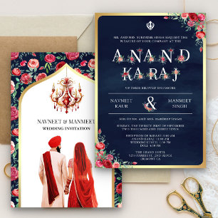 Rote Rosen Typografie Blue Anand Karaj Sikh Weddin Einladung