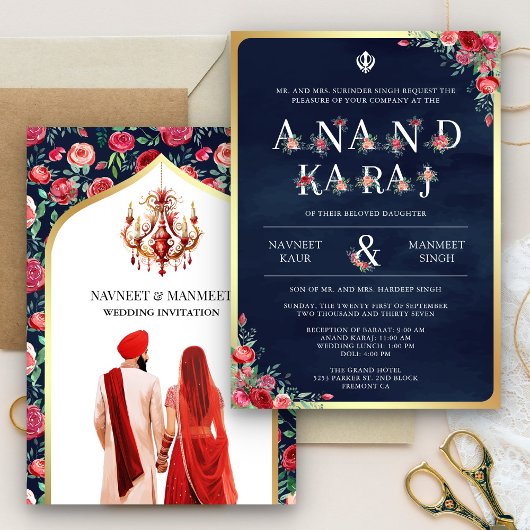 Rote Rosen Typografie Blue Anand Karaj Sikh Weddin Einladung