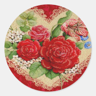 Rote Rosen u. SpitzeVintage Valentine-Aufkleber Runder Aufkleber