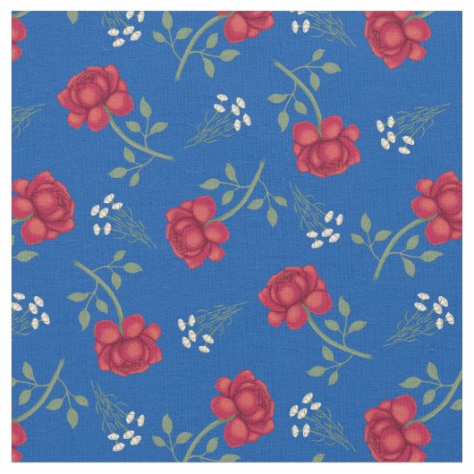 Rote Rosen über Mittelblauer Calico Stoff (Nahaufnahme)