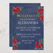 Rote Rosen über Navy Blue Einladung (Vorne/Hinten)