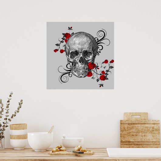 Rote Rosen und Black Skull Poster (Küche)