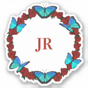 Rote Rosen und Blauer Schmetterling Monogramm Kran Aufkleber