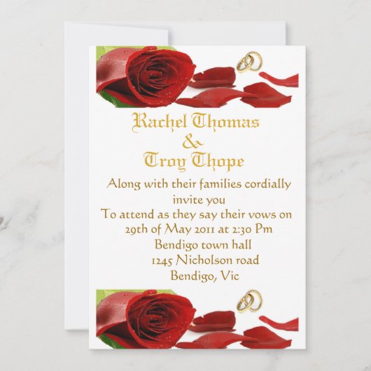 Rote Rosen und Ehering Einladung (Vorderseite)