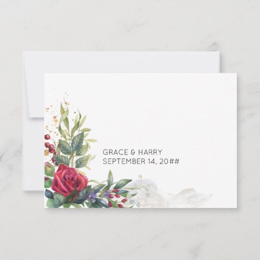 Rote Rosen und Eukalyptus Floral Wedding RSVP (Rückseite)