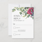Rote Rosen und Eukalyptus - Vertikale Hochzeit RSVP Karte (Vorderseite)