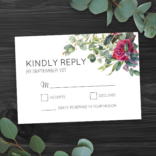 Rote Rosen und Eukalyptus Wedding Simple RSVP Karte