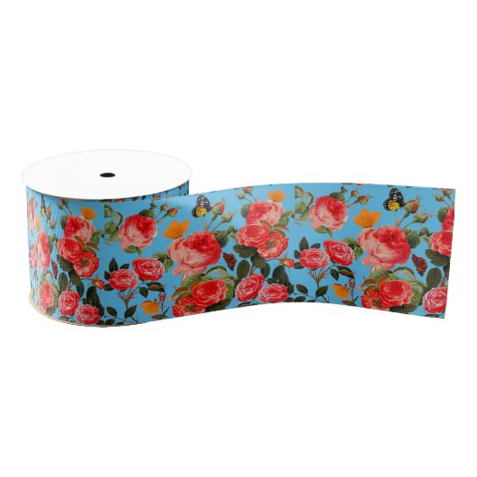 ROTE ROSEN UND GELBE SCHMETTERLINGE Blaue Blumen Ripsband (Spule)