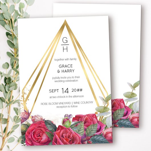Rote Rosen und geometrische Hochzeitstile Einladung