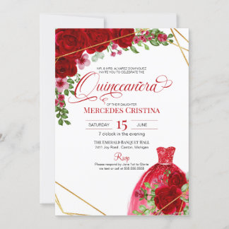 Rote Rosen und Glitzer Kleid Glamour Quinceñera Einladung