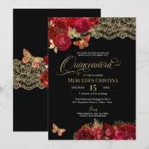 Rote Rosen und Gold Lace Glam Butterfly Quinceñera