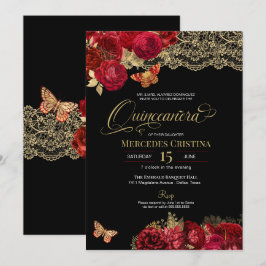 Rote Rosen und Gold Lace Glam Butterfly Quinceñera Einladung