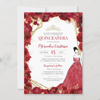 Rote Rosen und Gold Quinceanera Einladung