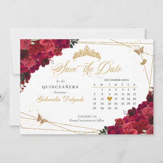 Rote Rosen und Gold Quinceñera Save the Date Einladung (Vorderseite)