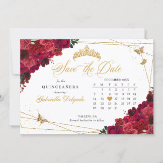 Rote Rosen und Gold Quinceñera Save the Date Einladung