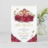 Rote Rosen und Gold Tiara Save the Date Quinceñera Einladung (Stehend Vorderseite)