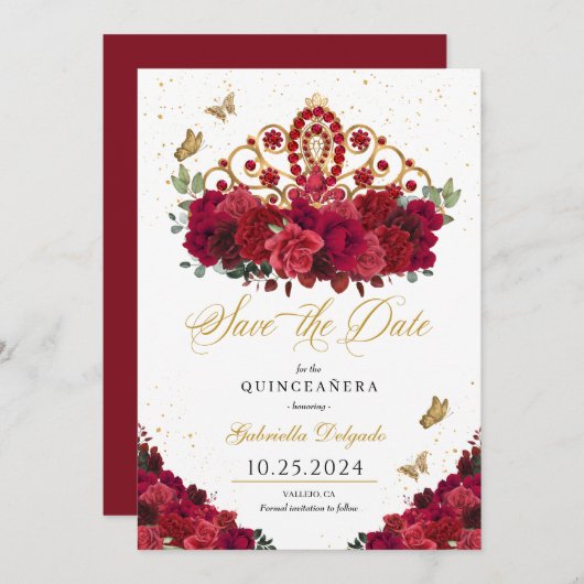 Rote Rosen und Gold Tiara Save the Date Quinceñera Einladung (Vorne/Hinten)